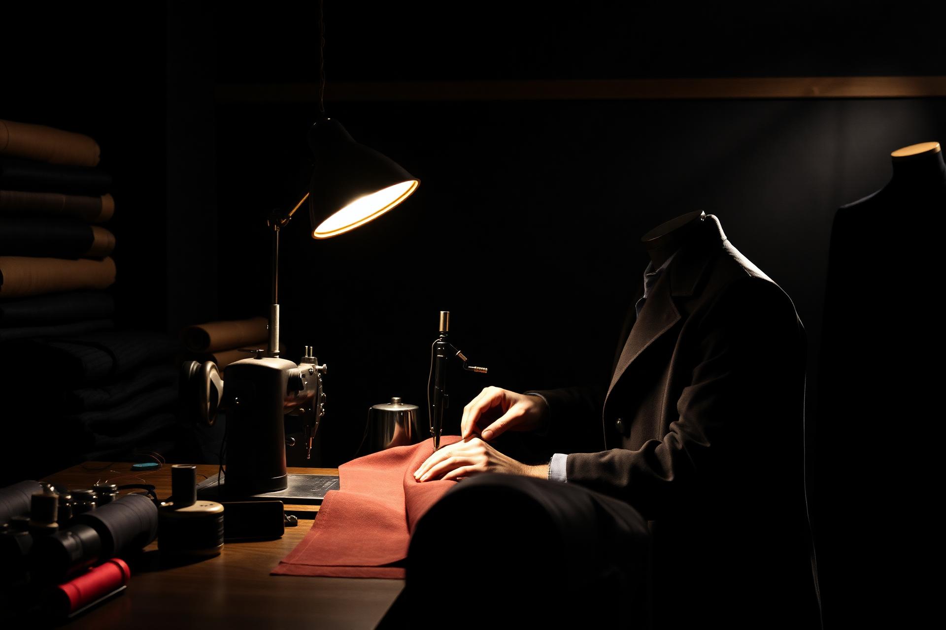 Master tailor stitching a premium jacket in an atelier workshop